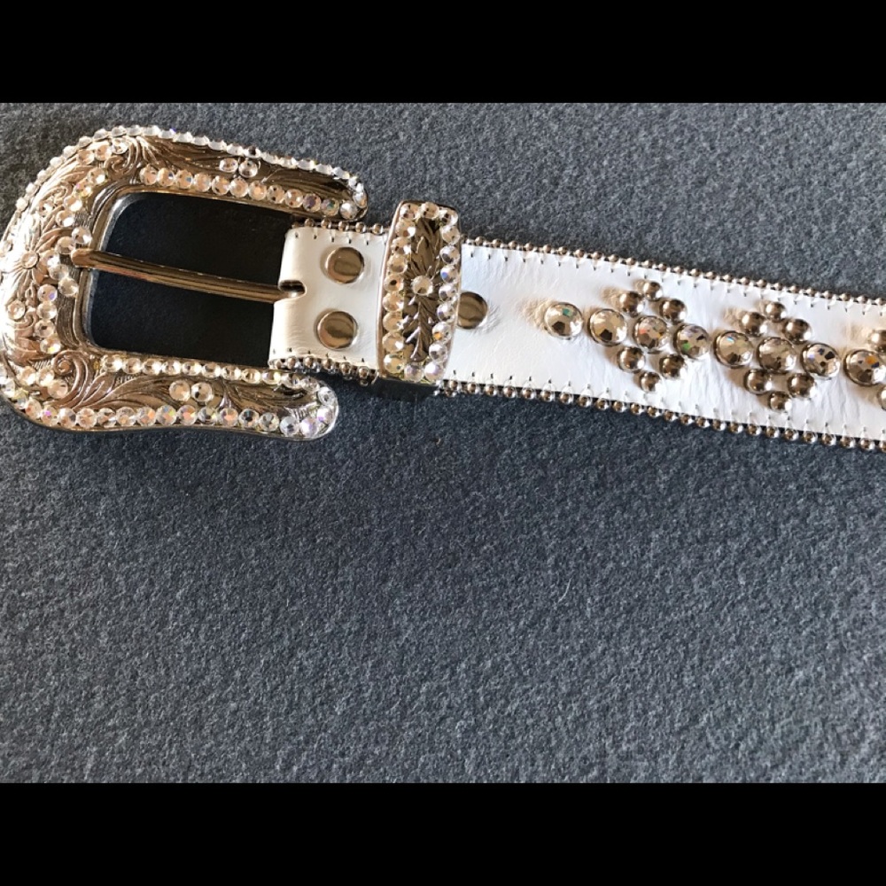 BB Simon Swarovski Crystal Belt White Leather